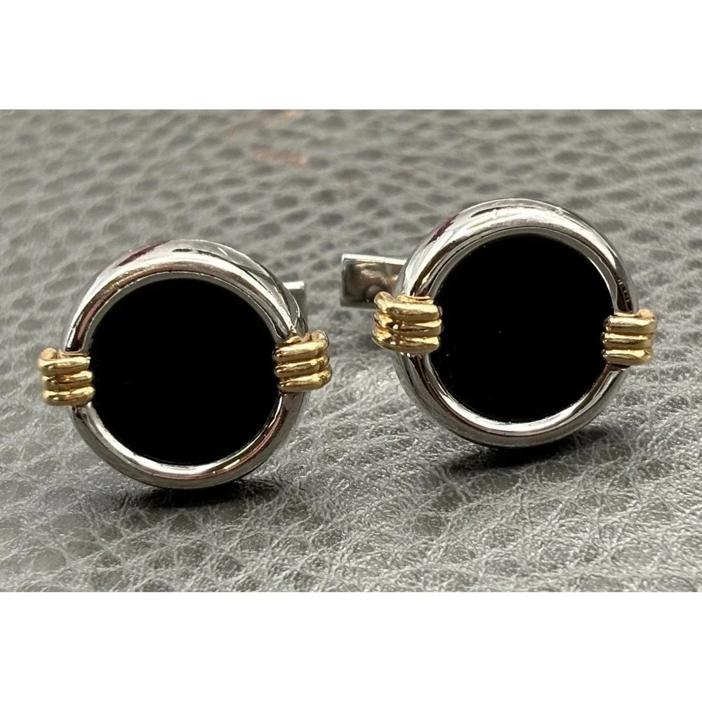 Vintage DOLAN BULLOCK Sterling Silver & 14K Mixed Metal Black Onyx Cufflinks
